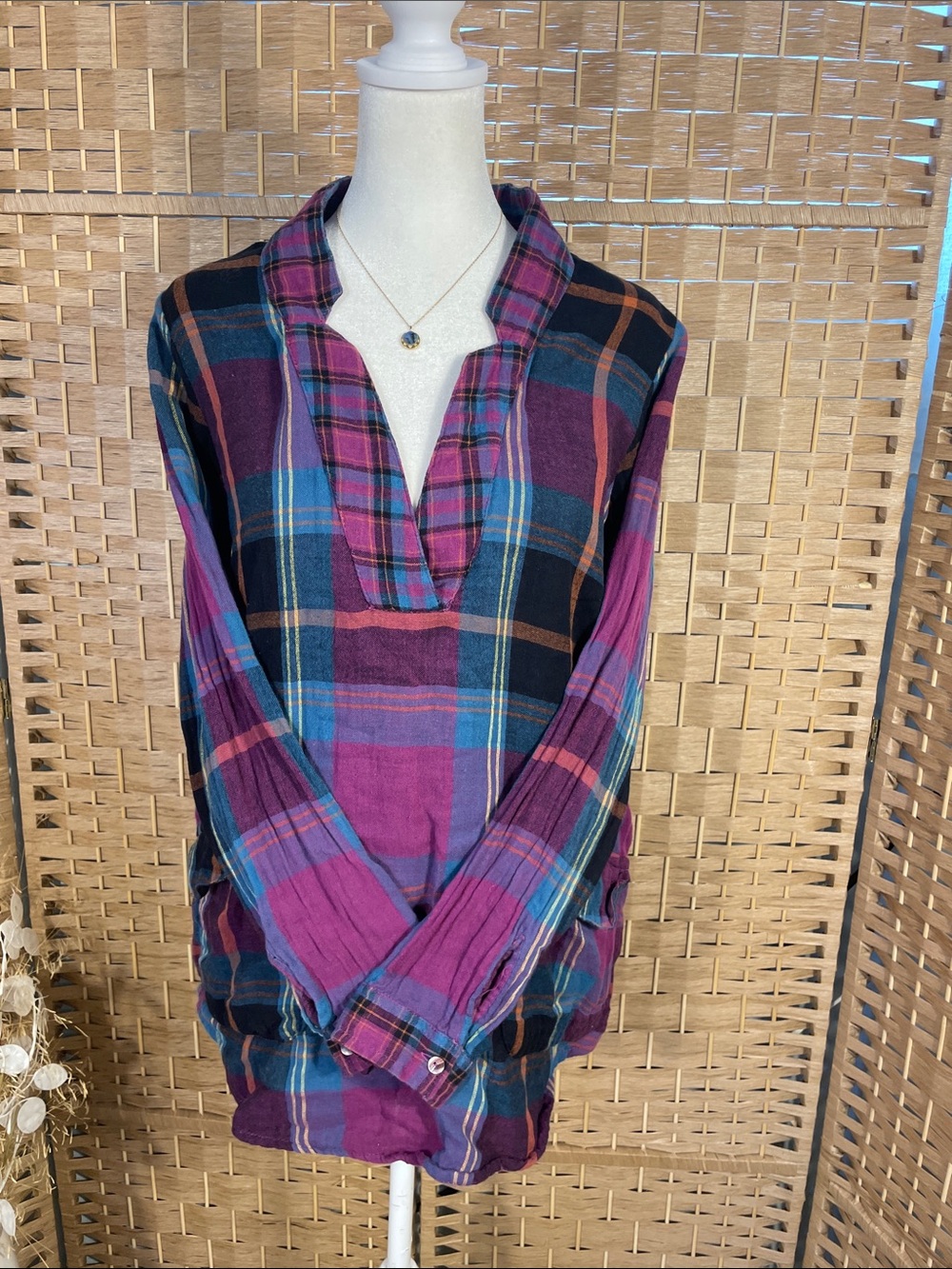 NATURAL LIFE Plaid V-Neck Tunic in Purple, Blue and Black 100% Soft Cotton!